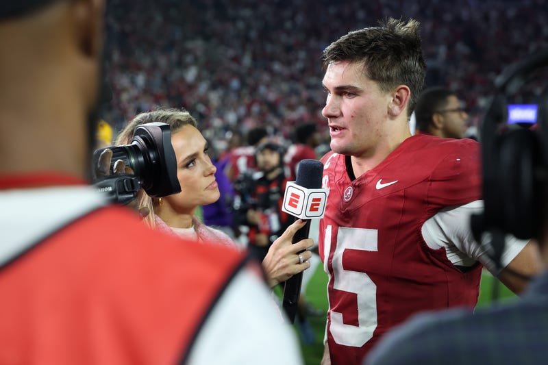 Nov 8, 2025; Tuscaloosa, Alabama, USA; Alabama Crimson Tide quarterback Ty Simpson (15) speaks to the media after the game against the Louisiana State Tigers at Saban Field at Bryant-Denny Stadium. 