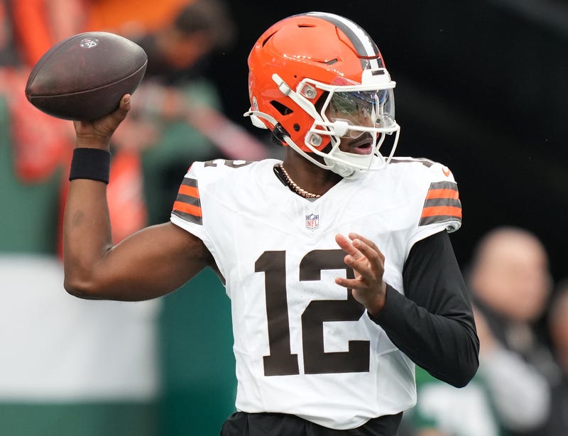 Nov 9, 2025; East Rutherford, New Jersey, USA; Cleveland Browns Cleveland Browns quarterback Shedeur Sanders (12) before the game against the New York Jets at MetLife Stadium. 