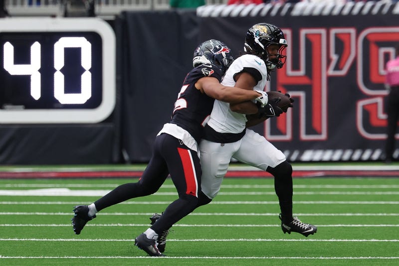 Jacksonville Jaguars wide receiver Jakobi Meyers (3) runs after the catch as Houston Texans cornerback Myles Bryant (25) defends during the first half at NRG Stadium.