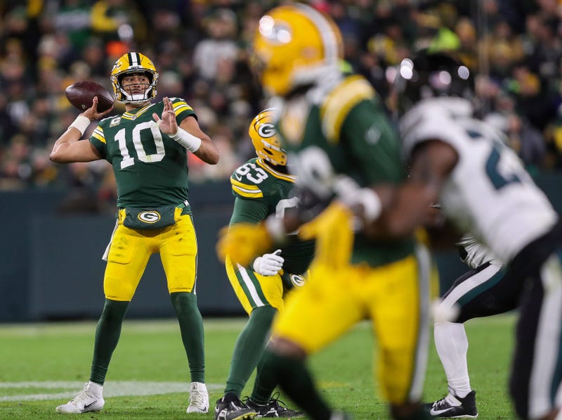 Green Bay Packers quarterback Jordan Love (10) passes the ball against the Philadelphia Eagles on Monday, November 10, 2025, at Lambeau Field in Green Bay, Wis. The Eagles won the game, 10-7.
