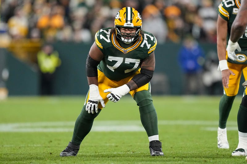 Nov 10, 2025; Green Bay, Wisconsin, USA; Green Bay Packers offensive tackle Jordan Morgan (77) during the game against the Philadelphia Eagles at Lambeau Field. Mandatory Credit: Jeff Hanisch-Imagn Images