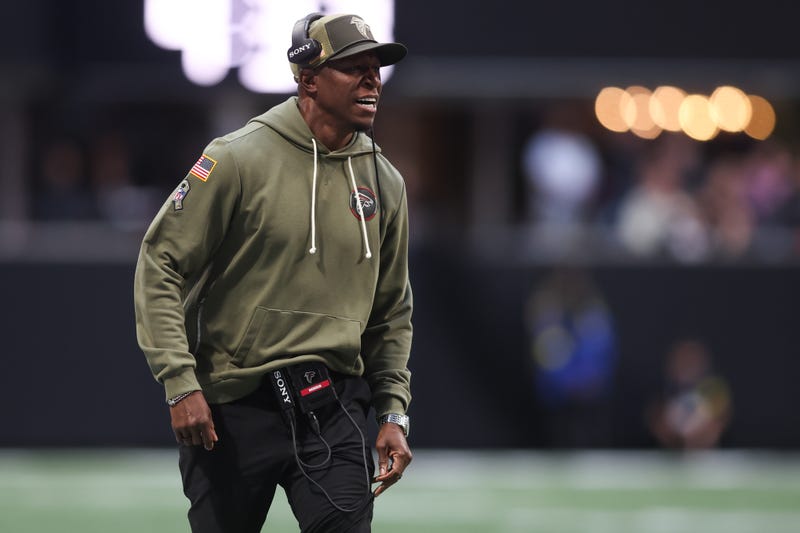 Nov 16, 2025; Atlanta, Georgia, USA; Atlanta Falcons head coach Raheem Morris reacts in the second quarter against the Carolina Panthers at Mercedes-Benz Stadium. Mandatory Credit: Brett Davis-Imagn Images