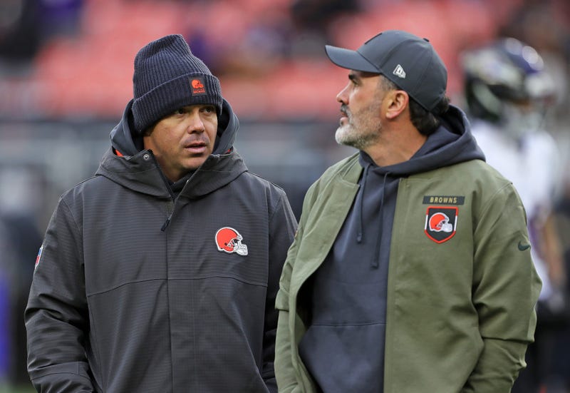Browns assistant head coach/special teams coordinator Bubba Ventrone, left, chats with coach Kevin Stefanski before an NFL football game at Huntington Bank Field, Nov. 16, 2025, in Cleveland, Ohio.