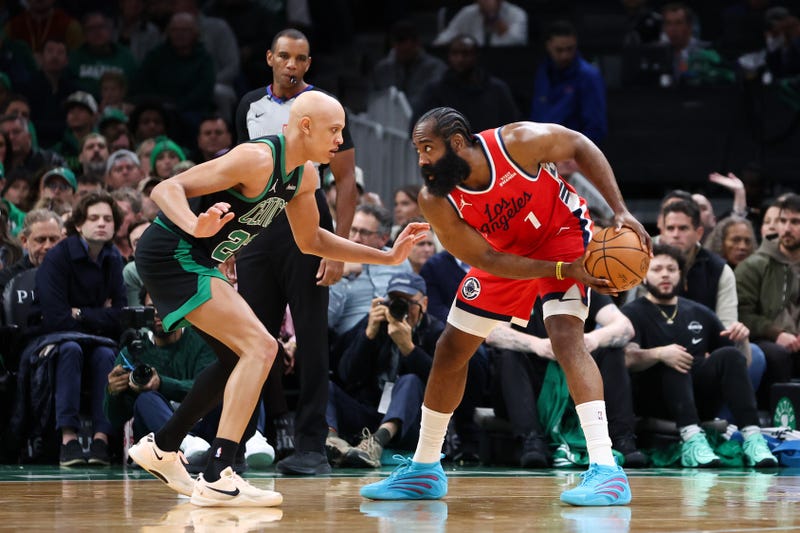 Boston Celtics forward Jordan Walsh (27) defends Los Angeles Clippers guard James Harden (1) during the first half at TD Garden.