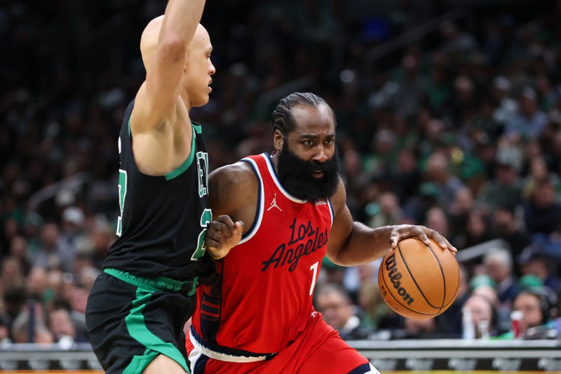 Los Angeles Clippers guard James Harden (1) drives to the basket defended by Boston Celtics forward Jordan Walsh (27) during the second half at TD Garden.