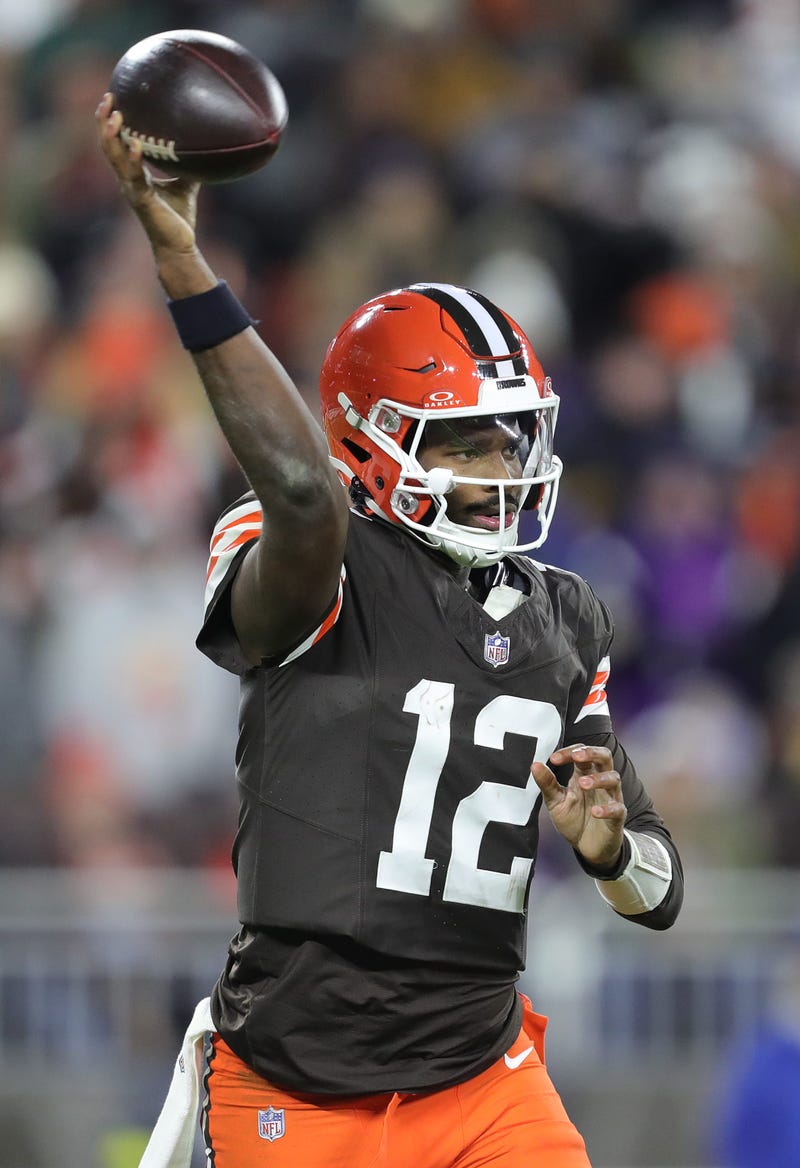 Cleveland Browns quarterback Shedeur Sanders (12) throws during the second half of an NFL football game at Huntington Bank Field, Nov. 16, 2025, in Cleveland, Ohio.