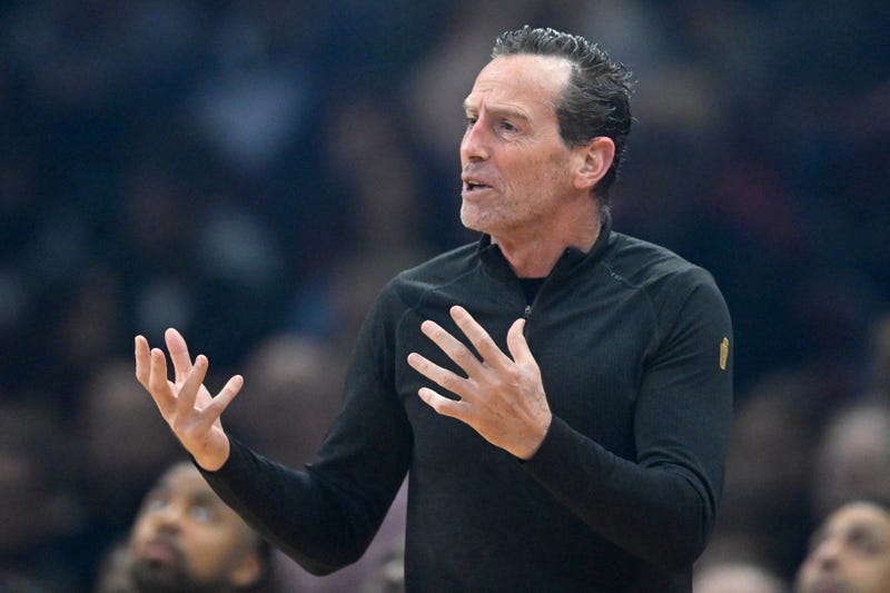 Nov 17, 2025; Cleveland, Ohio, USA; Cleveland Cavaliers head coach Kenny Atkinson reacts in the first quarter against the Milwaukee Bucks at Rocket Arena. Mandatory Credit: David Richard-Imagn Images