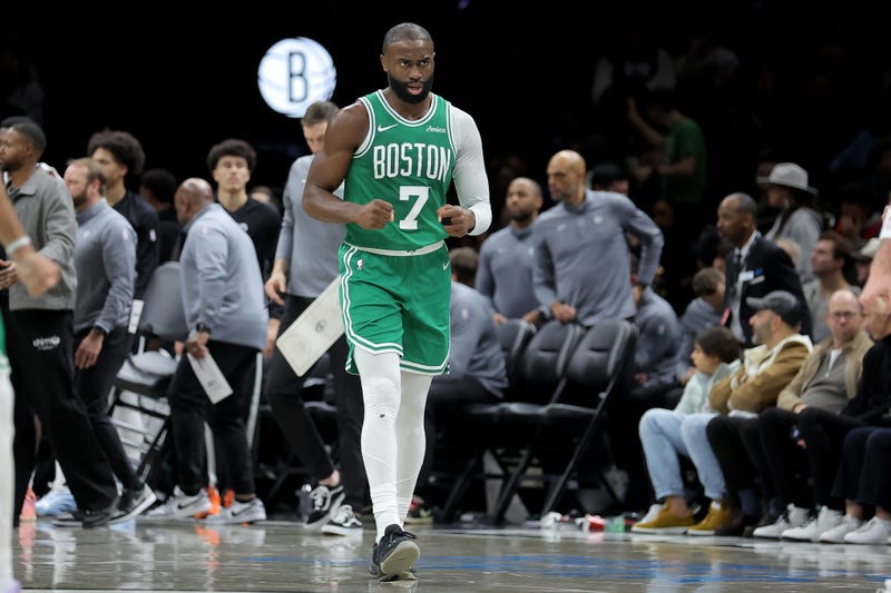 Boston Celtics guard Jaylen Brown (7) reacts during the fourth quarter against the Brooklyn Nets at Barclays Center..