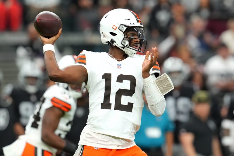 Nov 23, 2025; Paradise, Nevada, USA; Cleveland Browns quarterback Shedeur Sanders (12) passes against the Las Vegas Raiders in the first half at Allegiant Stadium. Mandatory Credit: Stephen R. Sylvanie-Imagn Images