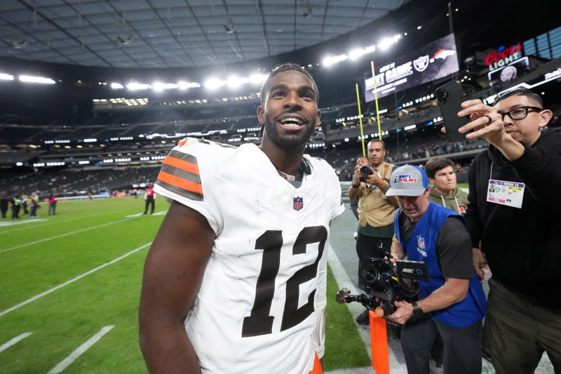 Nov 23, 2025; Paradise, Nevada, USA; Cleveland Browns quarterback Shedeur Sanders (12) reacts at the end of the game against the Las Vegas Raiders at Allegiant Stadium. 