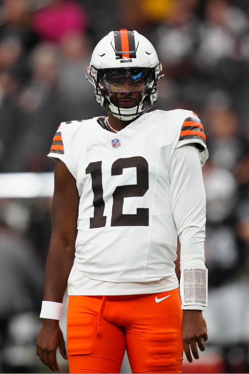 Nov 23, 2025; Paradise, Nevada, USA; Cleveland Browns quarterback Shedeur Sanders (12) reacts against the Las Vegas Raiders at Allegiant Stadium.