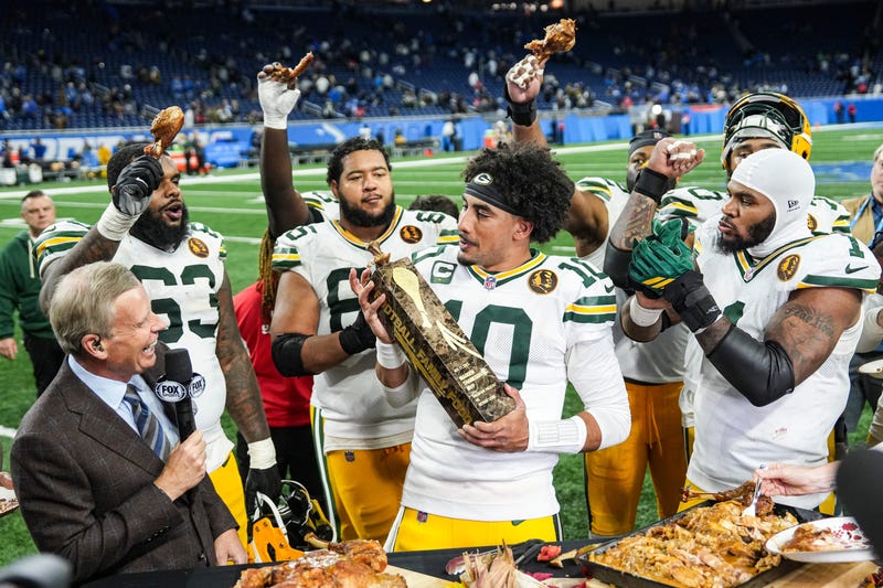 Green Bay Packers quarterback Jordan Love (10) is named John Madden Thanksgiving MVP after 31-24 win over Detroit Lions at Ford Field in Detroit on Thursday, Nov. 27, 2025.