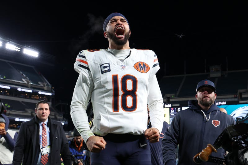 Chicago Bears quarterback Caleb Williams (18) celebrates after the game against the Philadelphia Eagles at Lincoln Financial Field. Mandatory Credit: Bill Streicher-Imagn Images