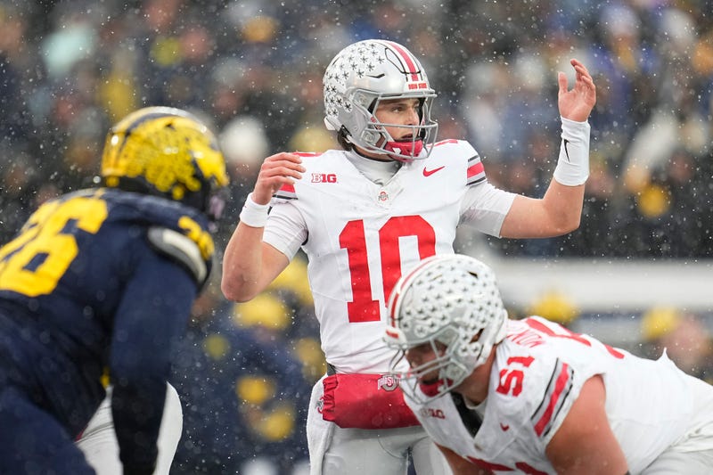Ohio State Buckeyes quarterback Julian Sayin (10) lines up during the NCAA football game against the Michigan Wolverines at Michigan Stadium in Ann Arbor, Mich. on Nov. 29, 2025. Ohio State won 27-9.
