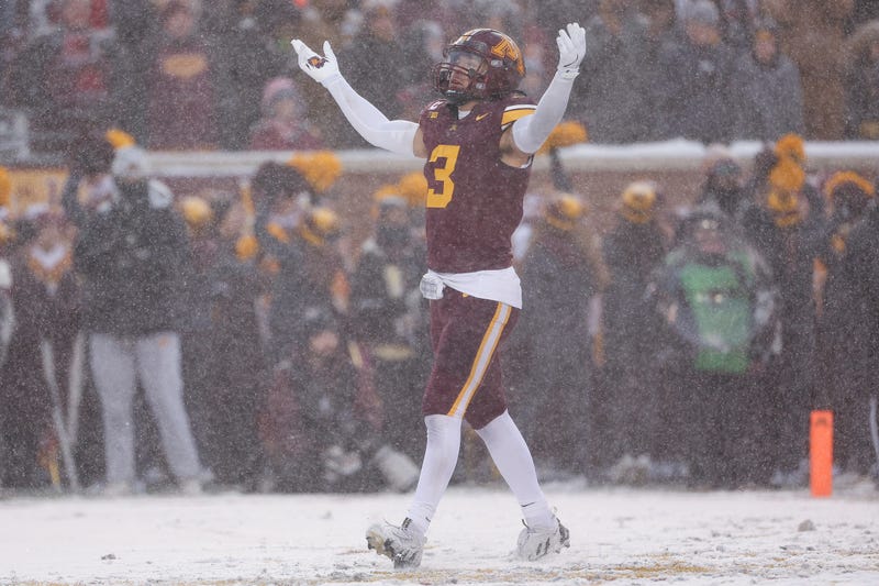 Minnesota Golden Gophers defensive back Koi Perich (3) reacts against the Wisconsin Badgers during the first half at Huntington Bank Stadium.