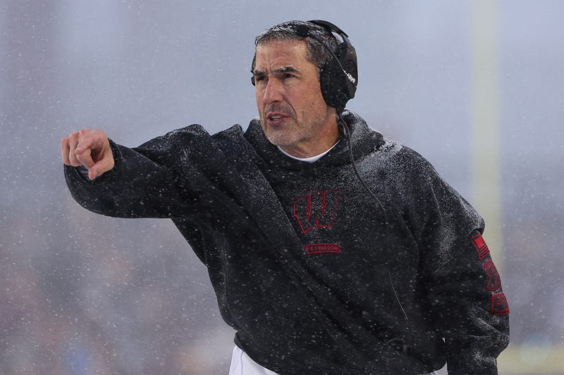 Nov 29, 2025; Minneapolis, Minnesota, USA; Wisconsin Badgers head coach Luke Fickell reacts during the first half against the Minnesota Golden Gophers at Huntington Bank Stadium. Mandatory Credit: Matt Krohn-Imagn Images