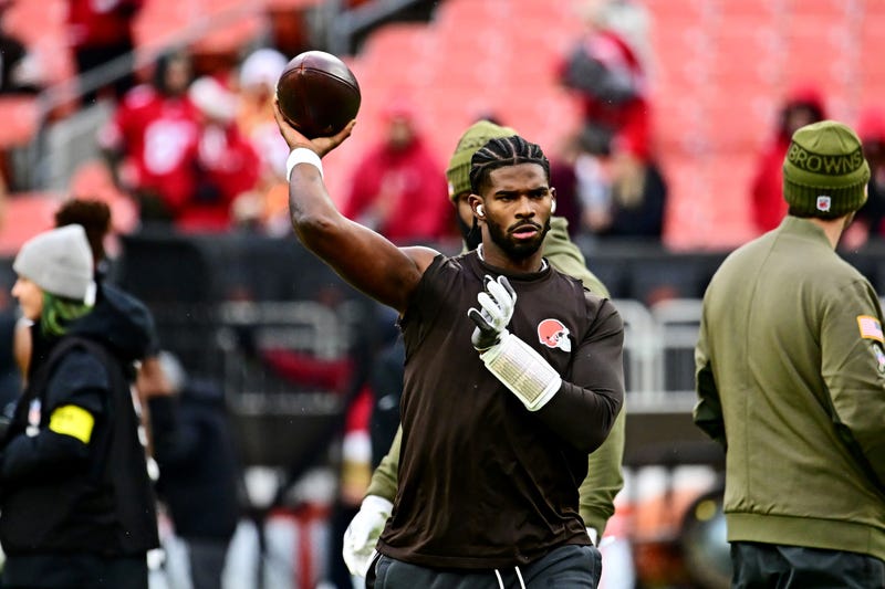 Nov 30, 2025; Cleveland, Ohio, USA; Cleveland Browns quarterback Shedeur Sanders (12) warms up before the game against the San Francisco 49ers at Huntington Bank Field. 