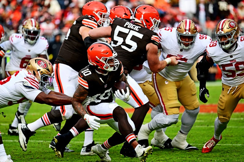 Nov 30, 2025; Cleveland, Ohio, USA; Cleveland Browns running back Quinshon Judkins (10) runs the ball during the first half against the San Francisco 49ers at Huntington Bank Field. 