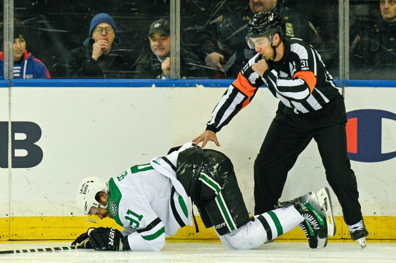 Dec 2, 2025; New York, New York, USA; Dallas Stars center Tyler Seguin (91) injured in the game against the New York Rangers during the first period at Madison Square Garden.