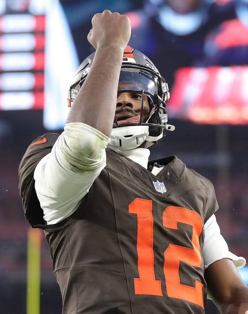 Cleveland Browns quarterback Shedeur Sanders (12) celebrates after throwing a touchdown pass to tight end Harold Fannin Jr. (44) during the second half of an NFL football game at Huntington Bank Field, Dec. 7, 2025, in Cleveland, Ohio.