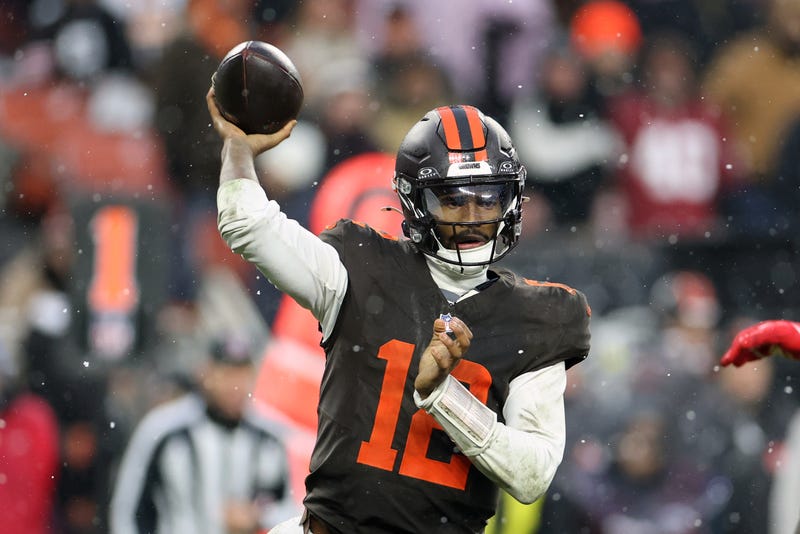 Dec 7, 2025; Cleveland, Ohio, USA; Cleveland Browns quarterback Shedeur Sanders (12) throws a pass against the Tennessee Titans during the fourth quarter at Huntington Bank Field. Mandatory Credit: Scott Galvin-Imagn Images