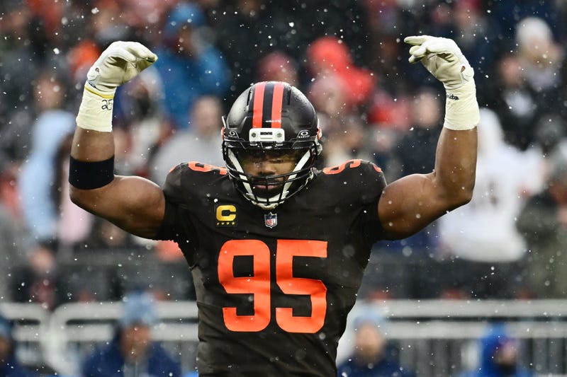 Dec 7, 2025; Cleveland, Ohio, USA; Cleveland Browns defensive end Myles Garrett (95) riles up the crowd against the Tennessee Titans during the fourth quarter at Huntington Bank Field. Mandatory Credit: Ken Blaze-Imagn Images
