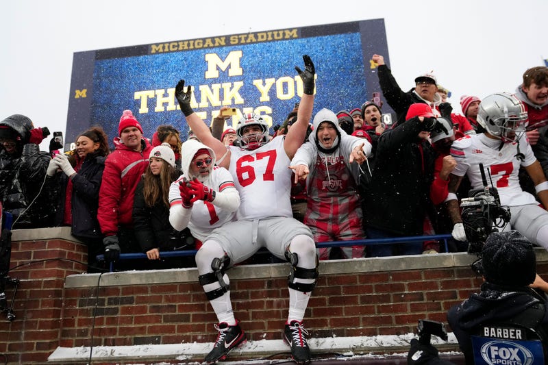 Ohio State Buckeyes offensive lineman Austin Siereveld (67) celebrates following the NCAA football game against the Michigan Wolverines at Michigan Stadium in Ann Arbor, Mich. on Nov. 29, 2025. Ohio State won 27-9.