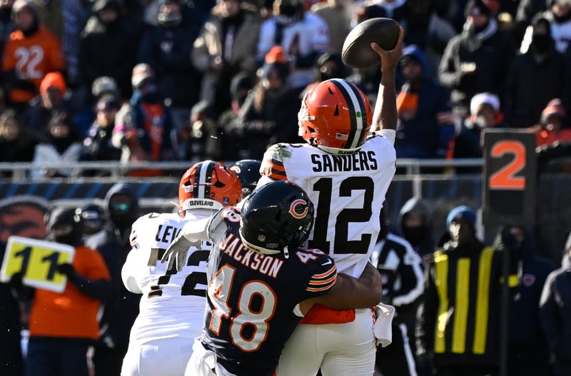 Dec 14, 2025; Chicago, Illinois, USA; Chicago Bears linebacker D'Marco Jackson (48) sacks Cleveland Browns quarterback Shedeur Sanders (12) during the second quarter at Soldier Field. Mandatory Credit: Matt Marton-Imagn Images