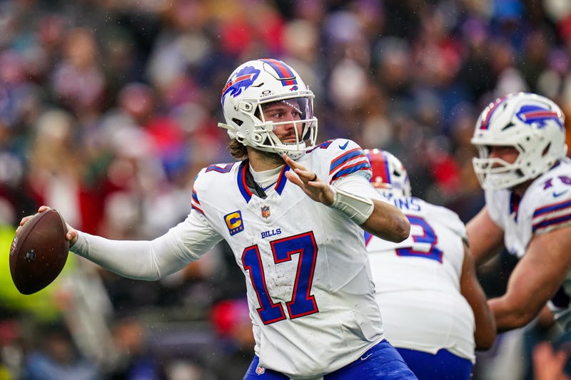 Dec 14, 2025; Foxborough, Massachusetts, USA; Buffalo Bills quarterback Josh Allen (17) passes the ball against the New England Patriots in the second half at Gillette Stadium. Mandatory Credit: David Butler II-Imagn Images