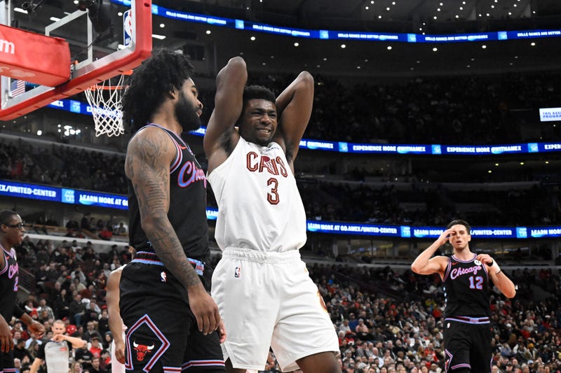 Dec 17, 2025; Chicago, Illinois, USA; Cleveland Cavaliers center Thomas Bryant (3) reacts after he fouls Chicago Bulls guard Coby White (0) during the second half at United Center. Mandatory Credit: Matt Marton-Imagn Images