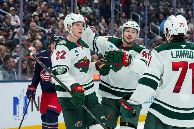 Minnesota Wild right wing Vladimir Tarasenko (91) celebrates with teammates after scoring a goal against Columbus Blue Jackets in the second period at Nationwide Arena. 