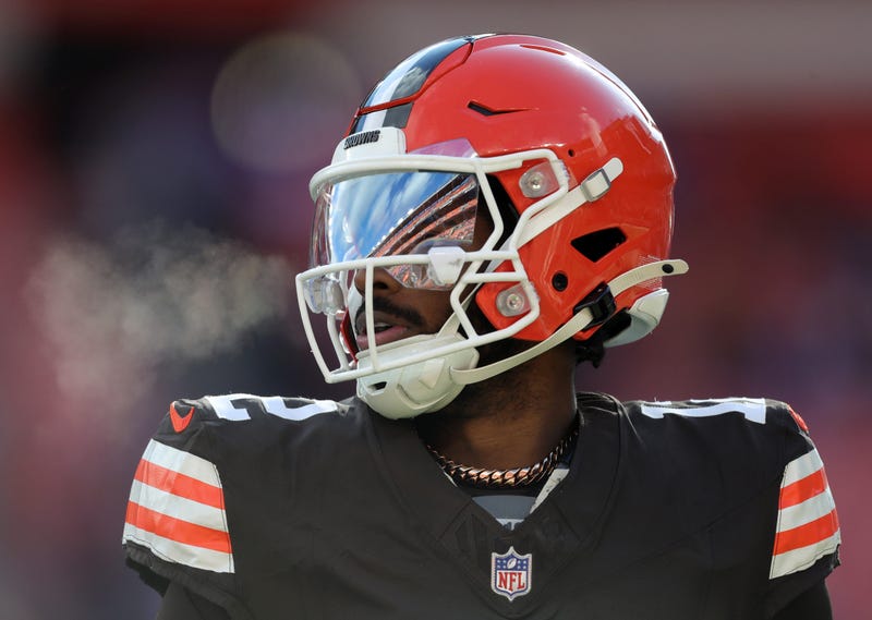 Cleveland Browns quarterback Shedeur Sanders (12)’ surveys the field before an NFL football game at Huntington Bank Field, Dec. 21, 2025, in Cleveland, Ohio.