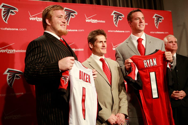 April 27, 2008; Flowery Branch, GA, USA; Atlanta Falcons first round draft picks quarterback Matt Ryan (right) and offensive tackle Sam Baker (left) flank Falcons general manager Thomas Dimitroff during the press conference introducing them at the Falcons Training Complex. Mandatory Credit: Dale Zanine USA TODAY Sports