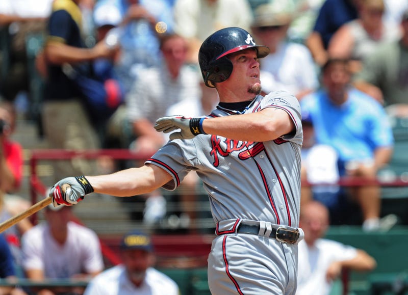  Atlanta Braves third baseman Chipper Jones bats against the Texas Rangers at the Rangers Ballpark.