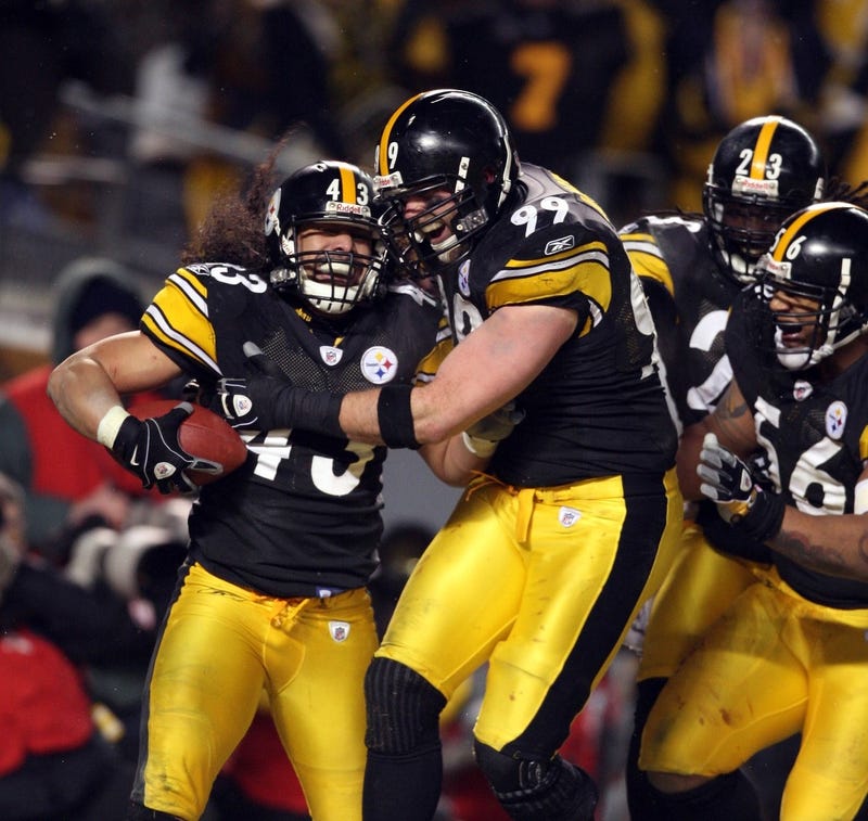 Troy Polamalu with Brett Keisel after Pick 6 v Ravens in AFC title game