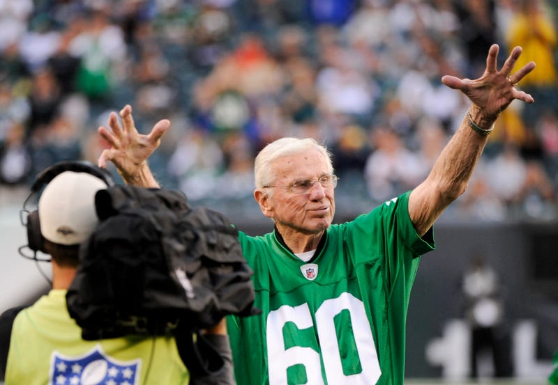 Chuck Bednarik is introduced at a ceremony honoring the 1960 NFL Championship team at halftime of the game between the Philadelphia Eagles and the Green Bay Packers at Lincoln Financial Field.