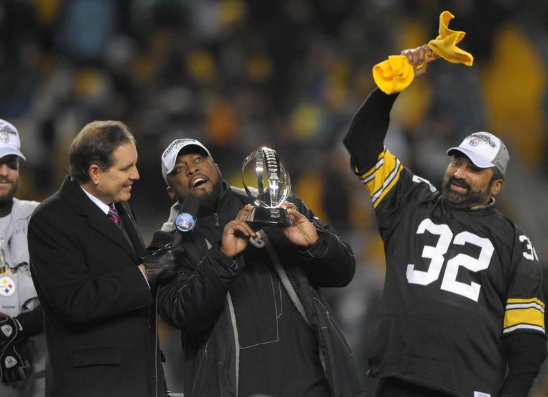 Mike Tomlin with Lombardi Trophy with Franco Harris
