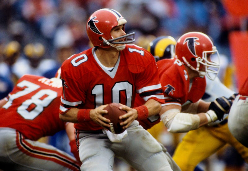 Atlanta Falcons quarterback Steve Bartkowski (10) in action against the Los Angeles Rams at Fulton County Stadium.