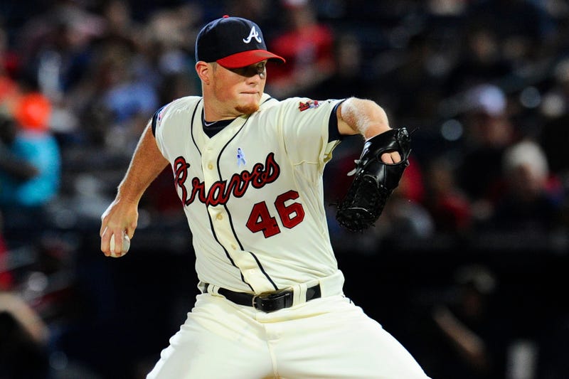 Jun 15, 2014; Atlanta, GA, USA; Atlanta Braves relief pitcher Craig Kimbrel (46) pitches against the Los Angeles Angels during the ninth inning at Turner Field. The Braves defeated the Angels 7-3. Mandatory Credit: Dale Zanine-Imagn Images