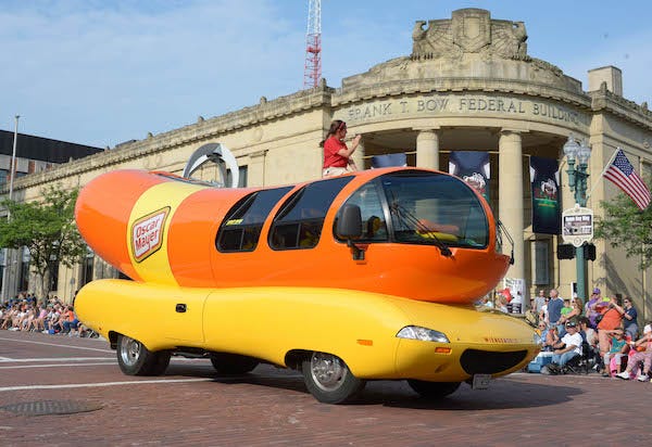 The Oscar Mayer wienermobile at the TimkenSteel Grand Parade on Cleveland Avenue in advance of the 2014 Pro Football Hall of Fame Enshrinement