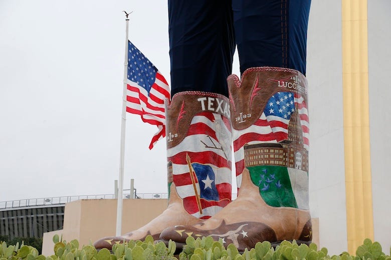A detailed view of Big Tex new boots at the Texas state fair prior to the Red River showdown at the Cotton Bowl