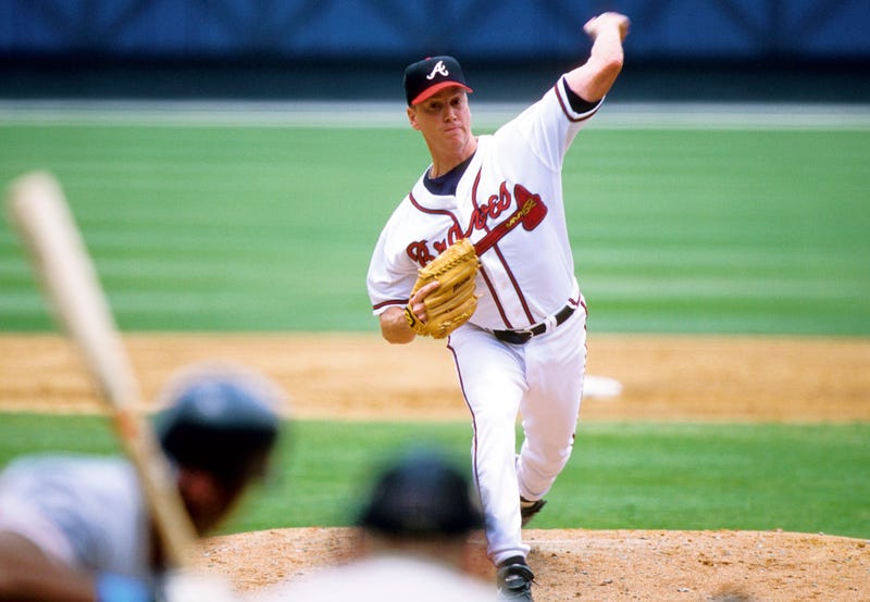 Atlanta Braves pitcher Tom Glavine in action on the mound at Turner Field during the 2002 season.