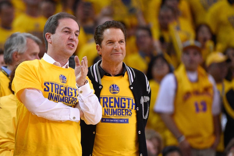 Golden State Warriors co-owners Joe Lacob (left) and Peter Guber (right) during the fourth quarter in game five of the Western Conference Finals