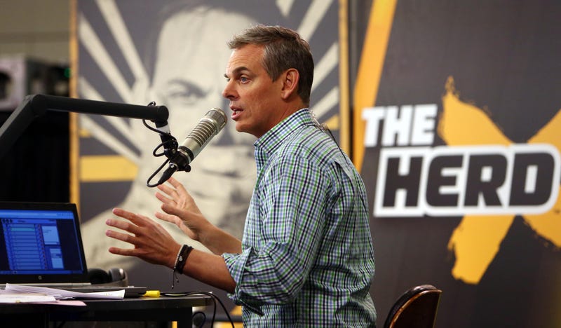 Radio personality Colin Cowherd broadcasts on radio row
