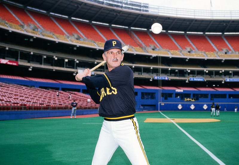 ; Pittsburgh Pirates manager Jim Leyland hits ground balls on the field prior to a game at Three Rivers Stadium