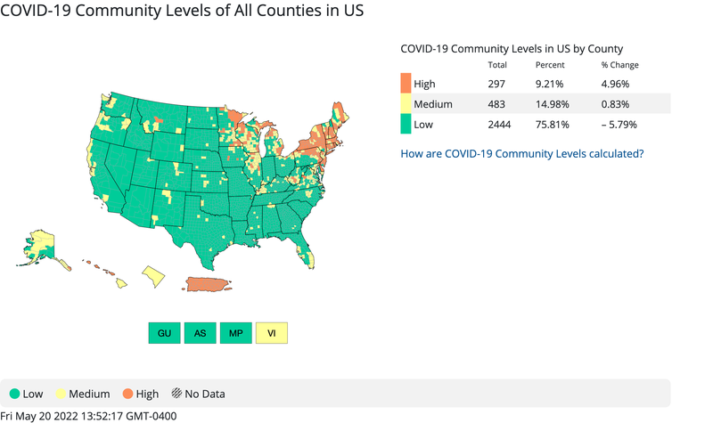 COVID-19 community levels in US by county shown on the CDC COVID tracker map.