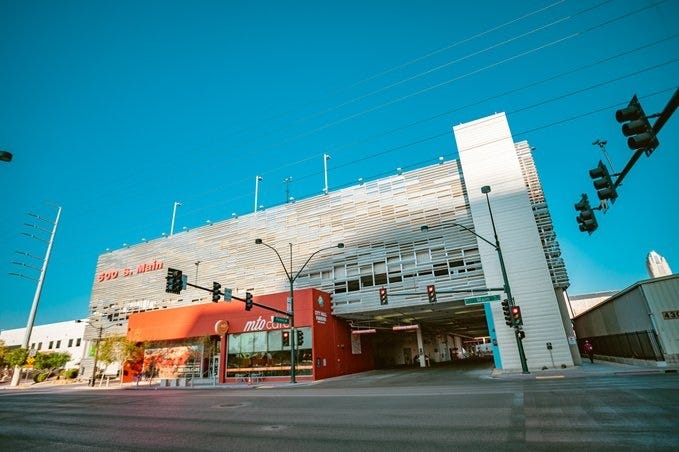 Downtown garage being used for an Uber staging area