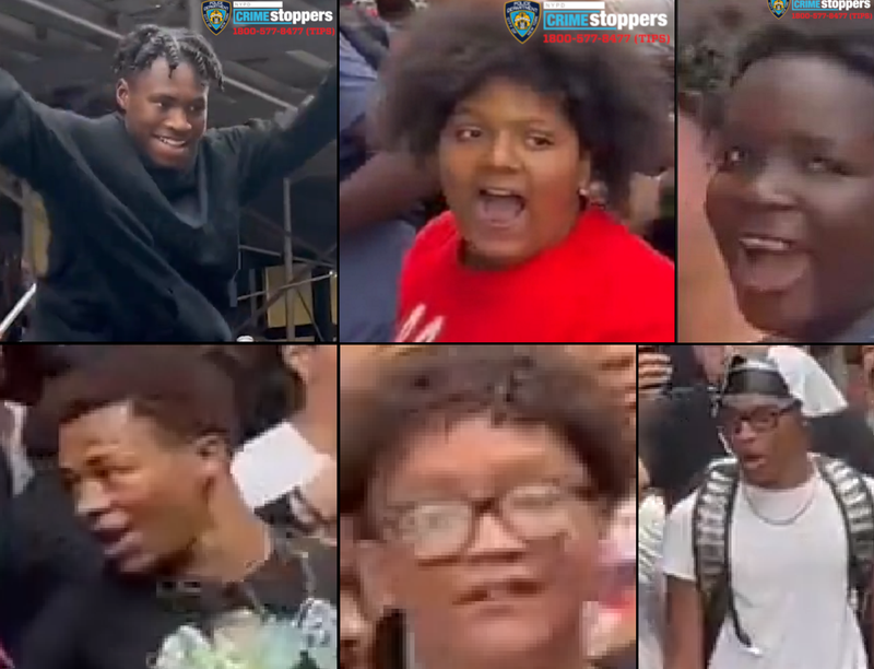 Cops are searching for six suspects in connection with the vandalism of an NYPD vehicle in front of 838 Broadway on Aug. 4