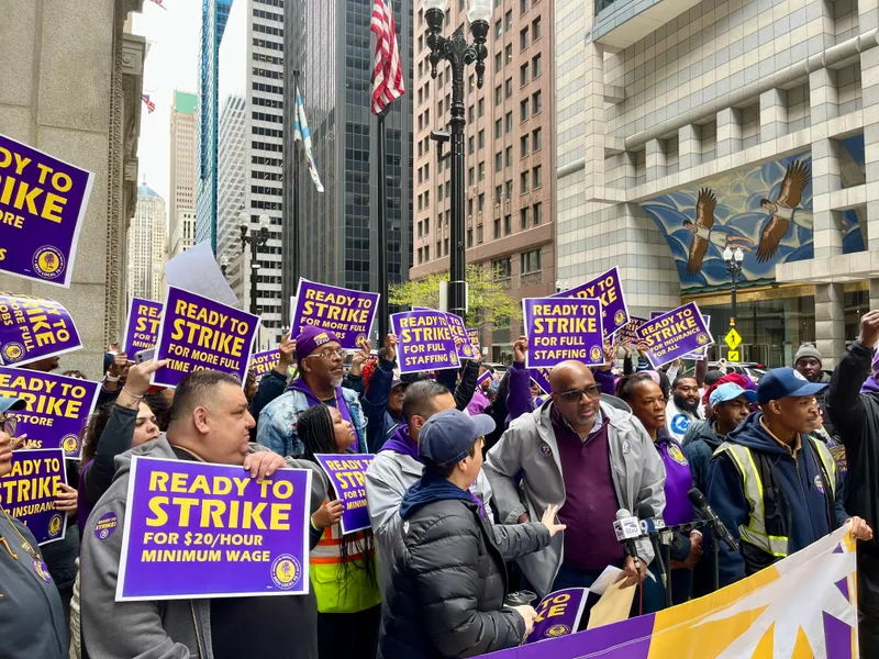 Chicago Park District employees rally in the Loop on March 26, 2024. A new report on the state of unions in Illinois found that the state's union membership rate has fallen to its lowest point in a decade.