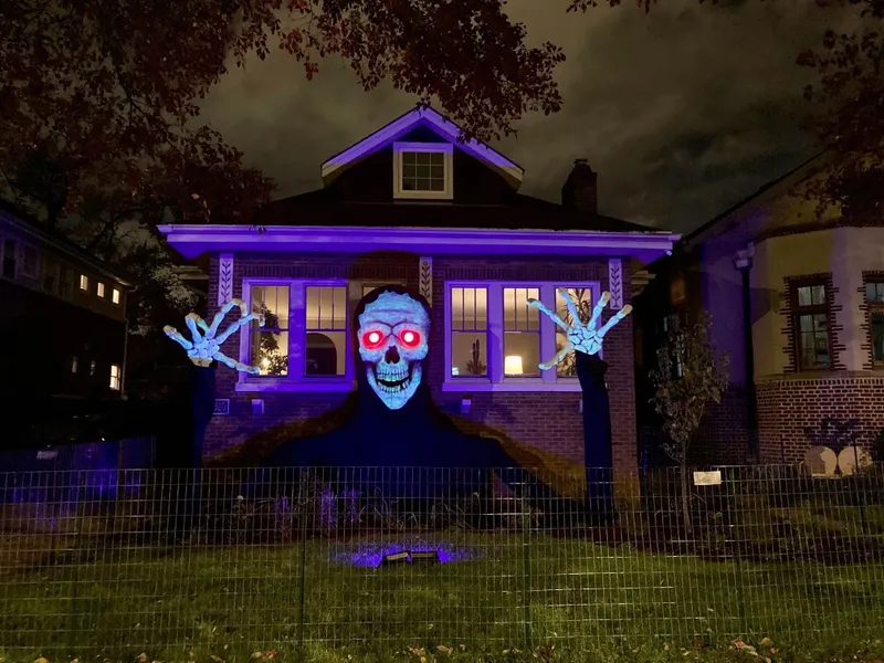 Handmade Halloween decorations outside of a home in Chicago's Ravenswood neighborhood